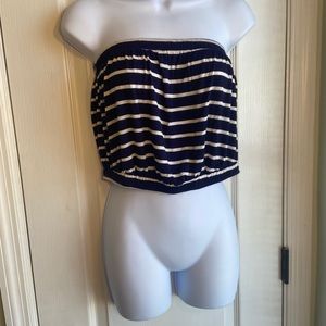 New Strapless Stretchy Crop top w/ backless cut out, size med, navy blue & white